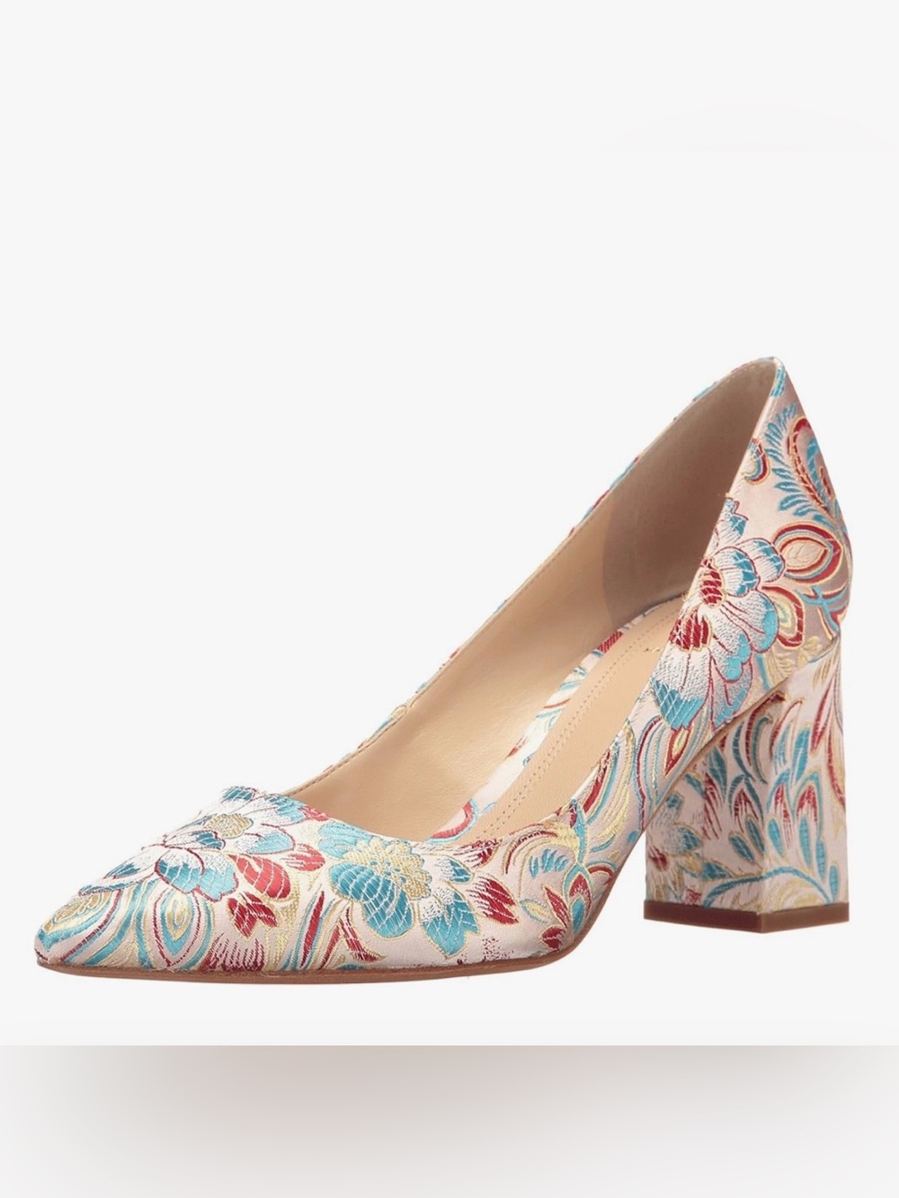 Marc Fisher Floral Embroidered Pointed Toe Block Heel Zala Pumps - Cream, Pink